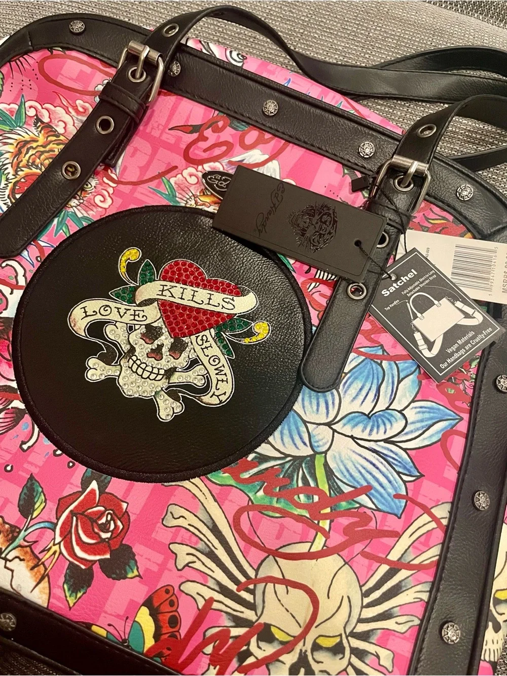 Ed Hardy Pink Floral Skull Satchel with Black Trim